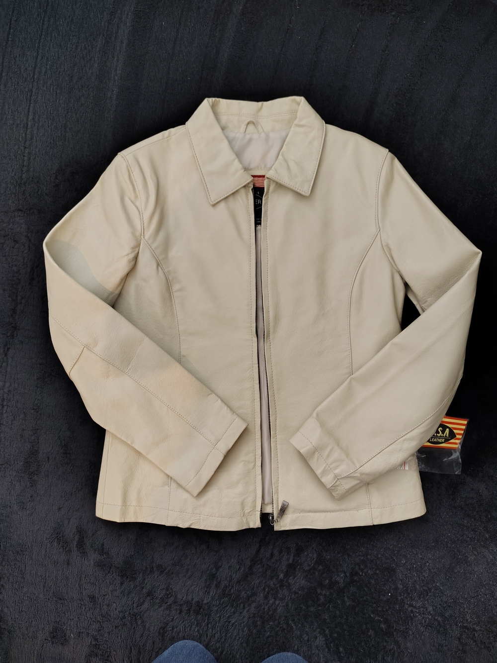 Women's Cream Leather Zip Jacket